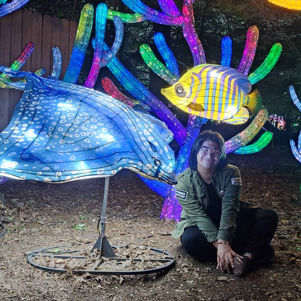 Image 1 of 2 person sitting on ground next to light up fish statue